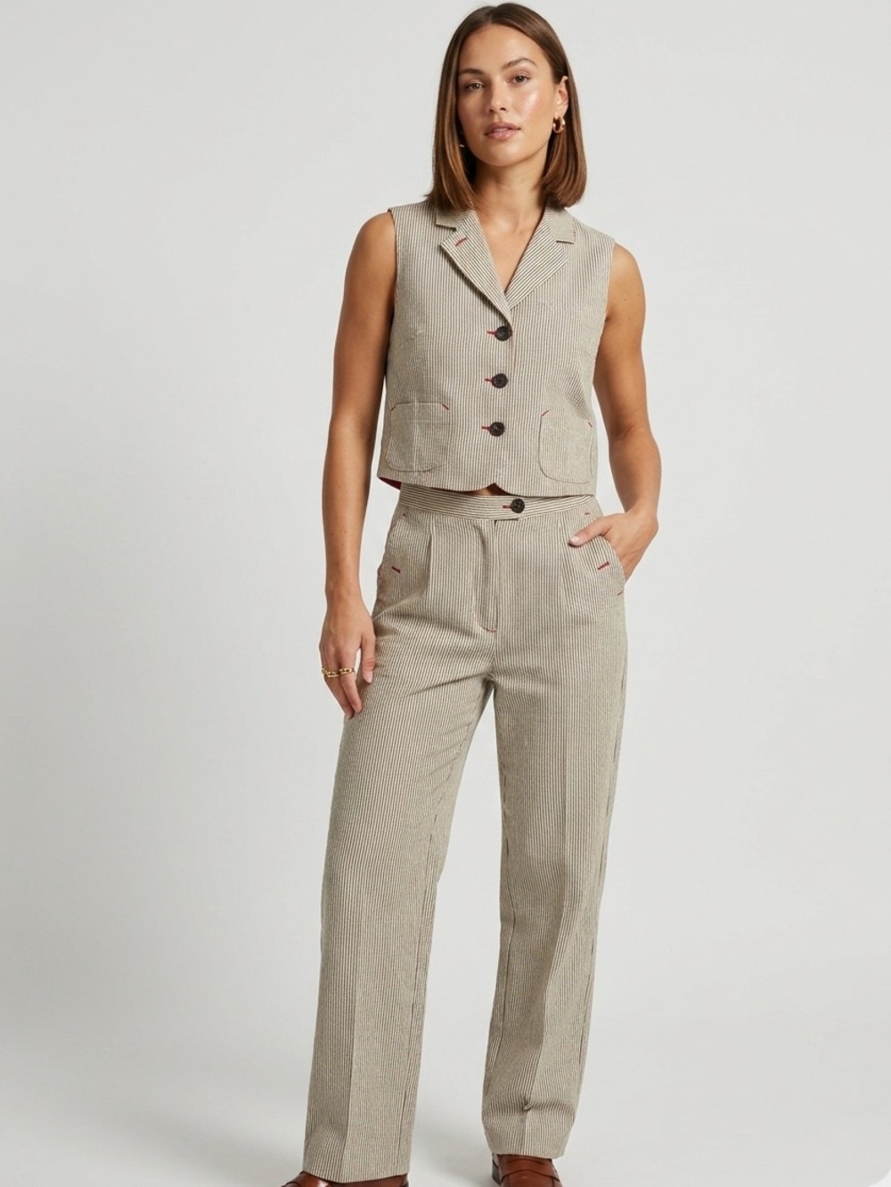 Collection Harver Bernard Tailored High-Waist Straight Leg Pants Set in Beige